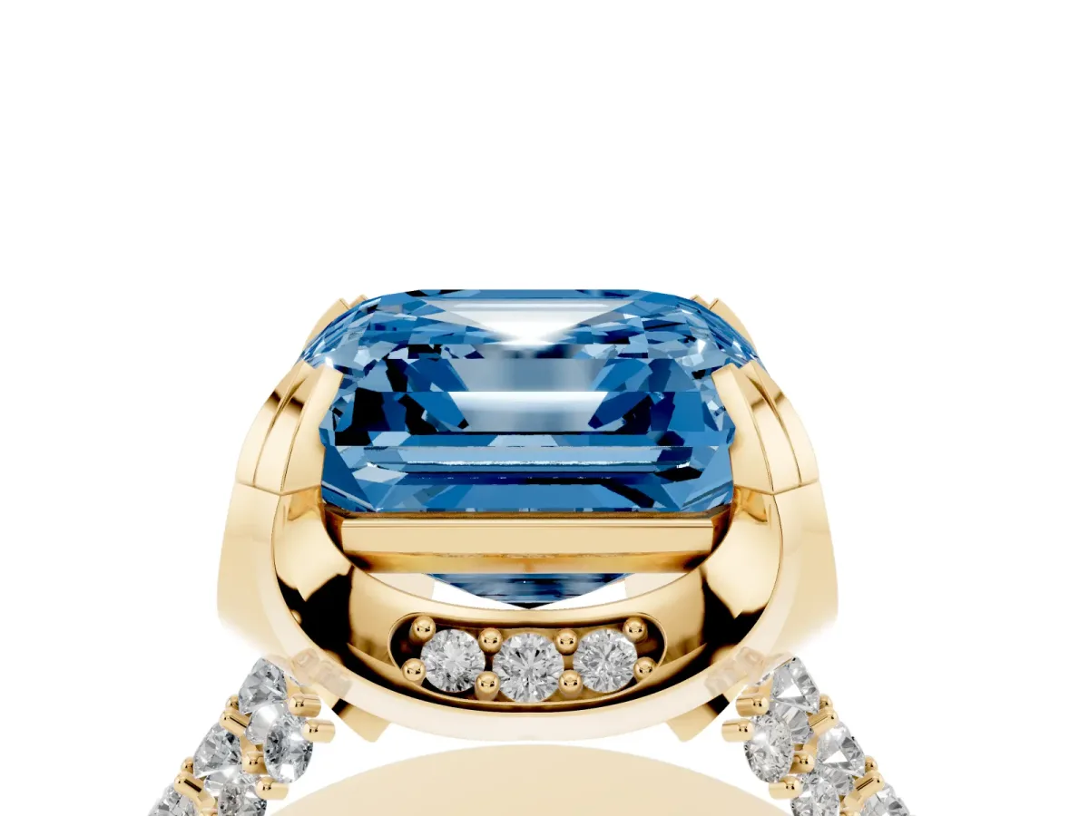 Fancy Blue Asscher Cut Solitaire Pave Split Shank Ring with Four-Prong Setting Yellow gold