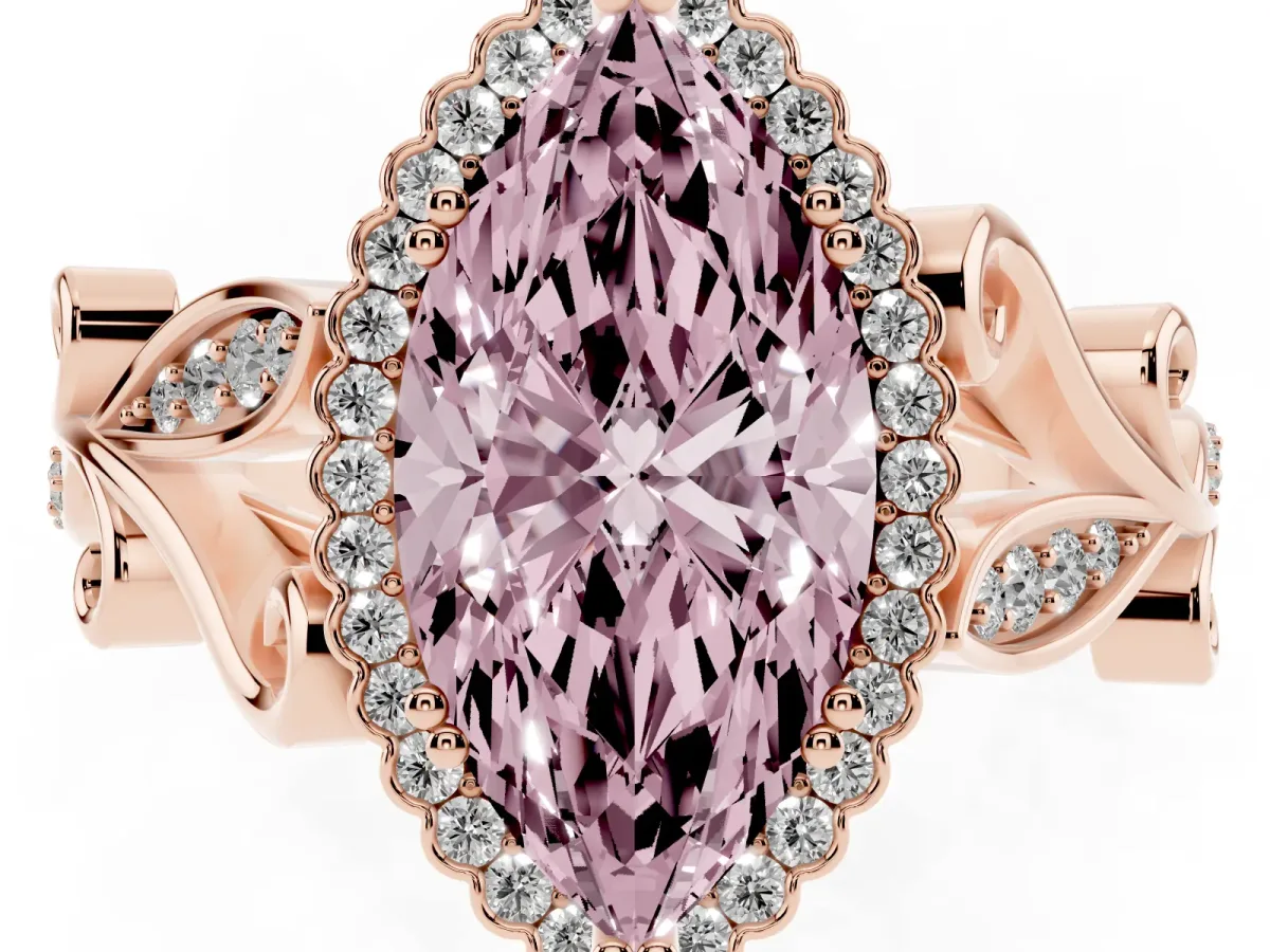 Fancy Pink Marquise Cut Diamond Halo Ring with Vintage Split Shank and Four-Prong Setting Rose gold