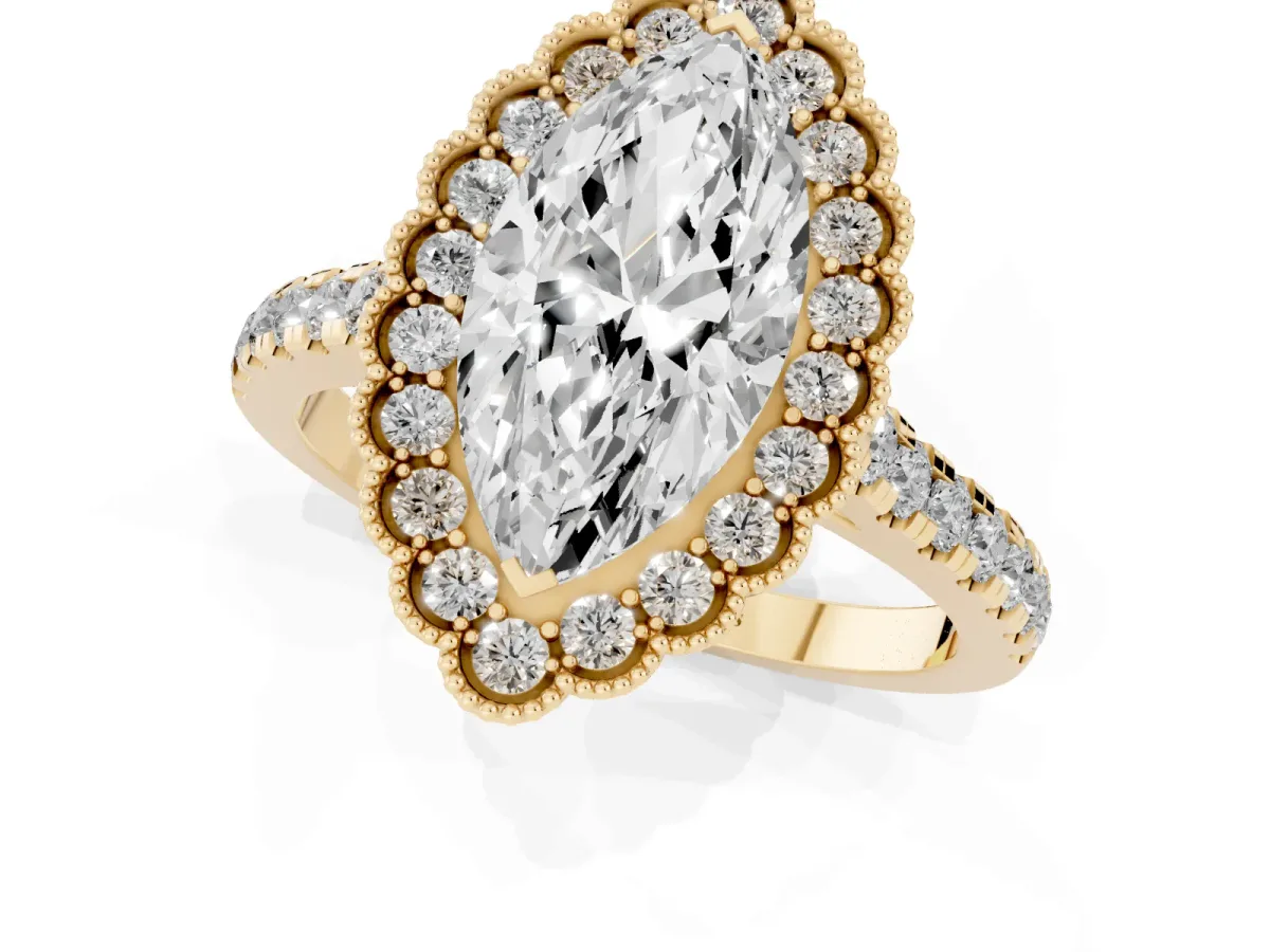Marquise Cut Cut Diamond Milgrain Floral Halo Engagement Ring with Pavé Band Yellow gold