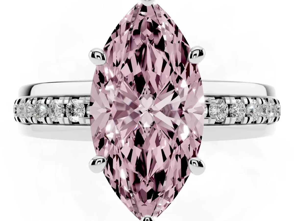 Fancy Pink Marquise Cut Solitaire Diamond Ring with Channel Set Band and Six-Prong Setting White gold