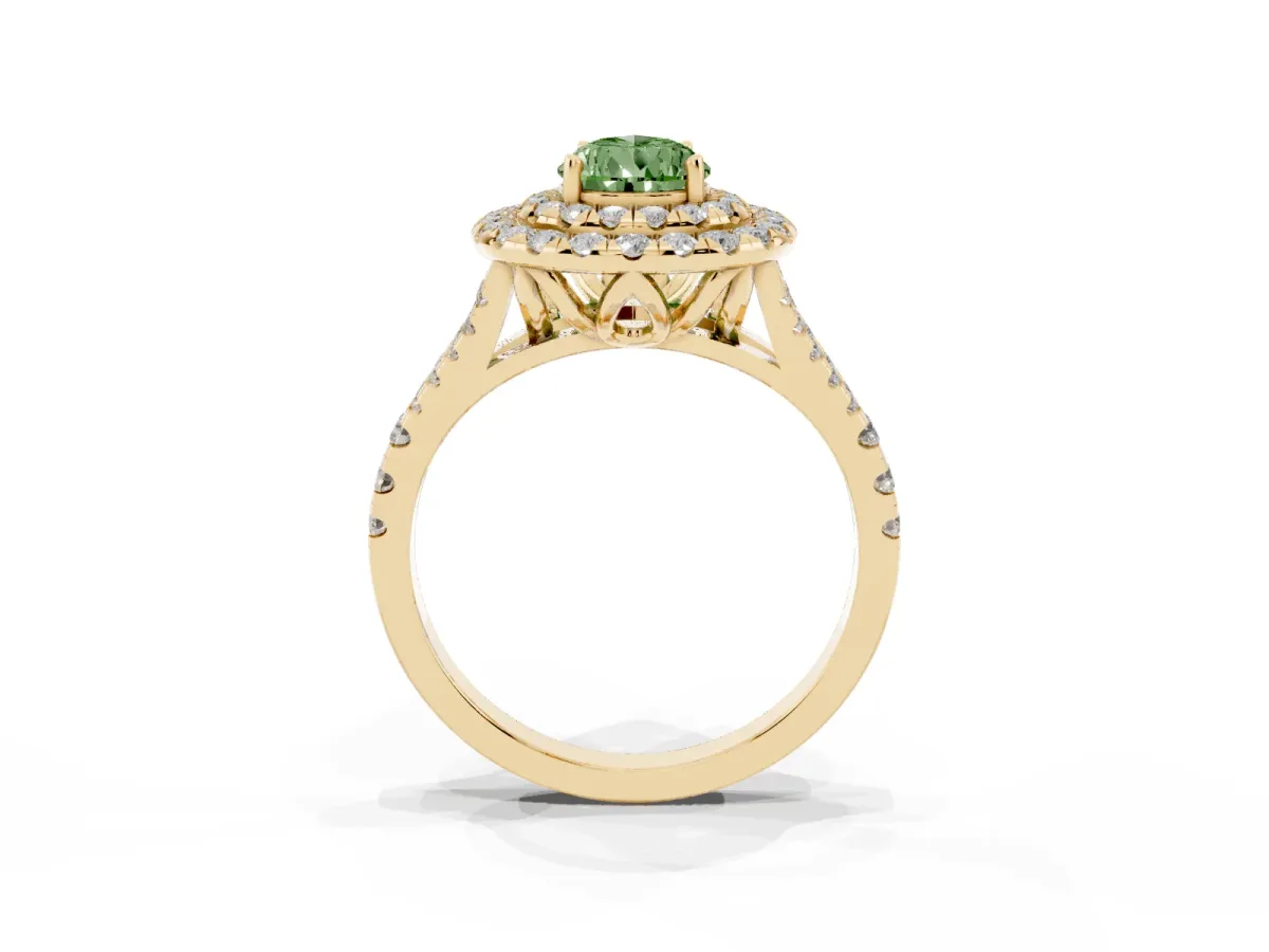 Fancy Green Double Halo Pear Cut Diamond Pavé Split Shank Ring with Prong Setting Yellow gold