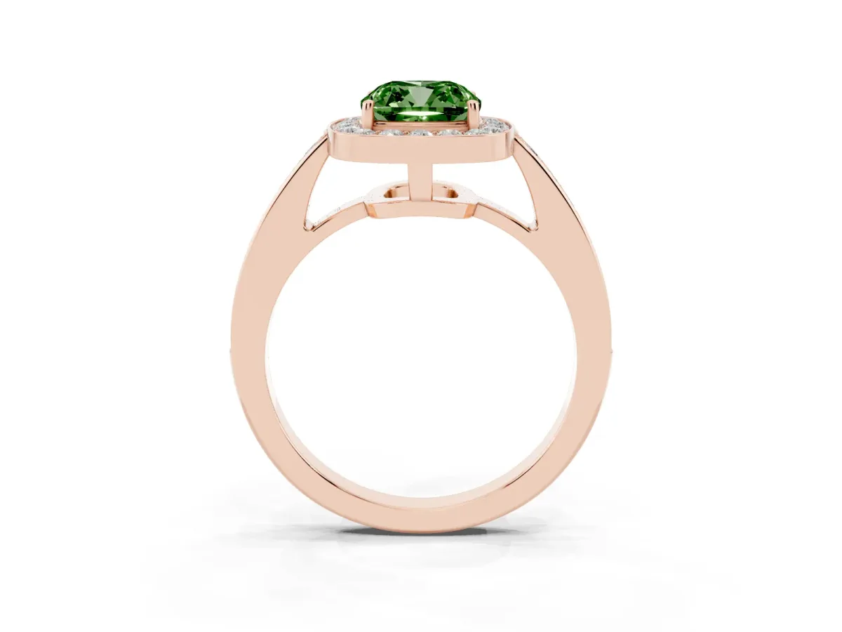 Fancy Green Cushion Cut Halo Pavé Diamond Engagement Ring with Bezel Setting Rose gold