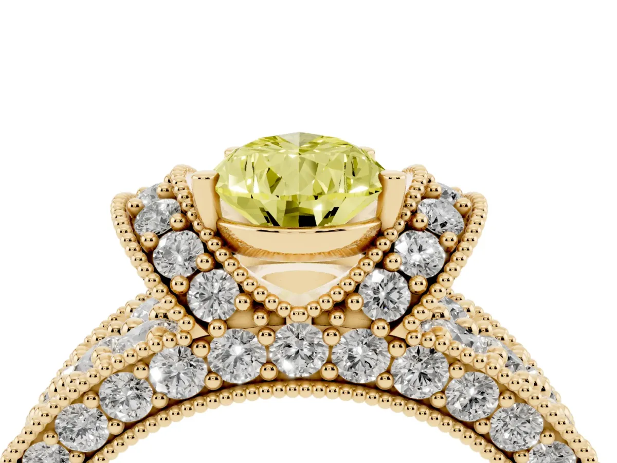 Fancy Yellow Pear Cut Halo Pave Diamond Engagement Ring with Milgrain Detailing Yellow gold