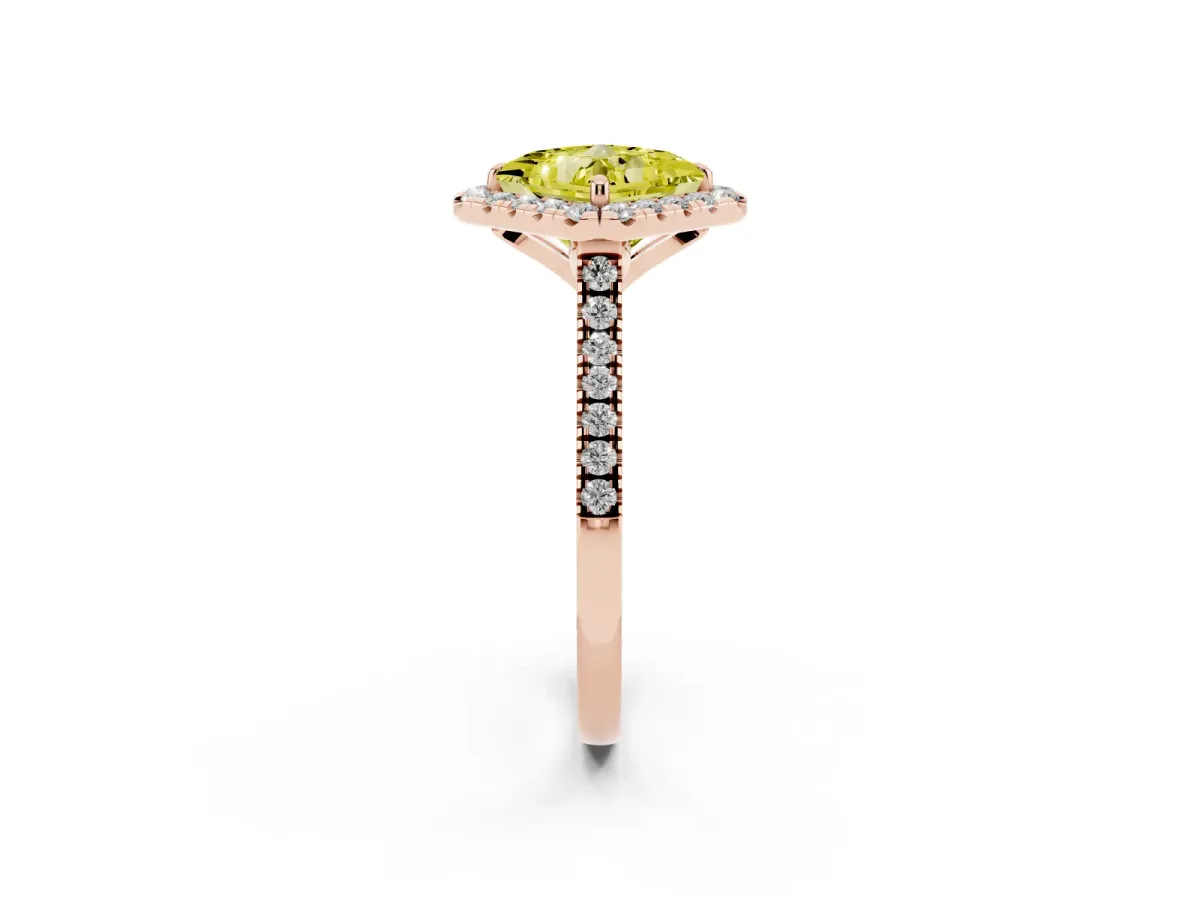 Fancy Yellow Princess Cut Diamond Cushion Halo Ring with Pavé Band Rose gold