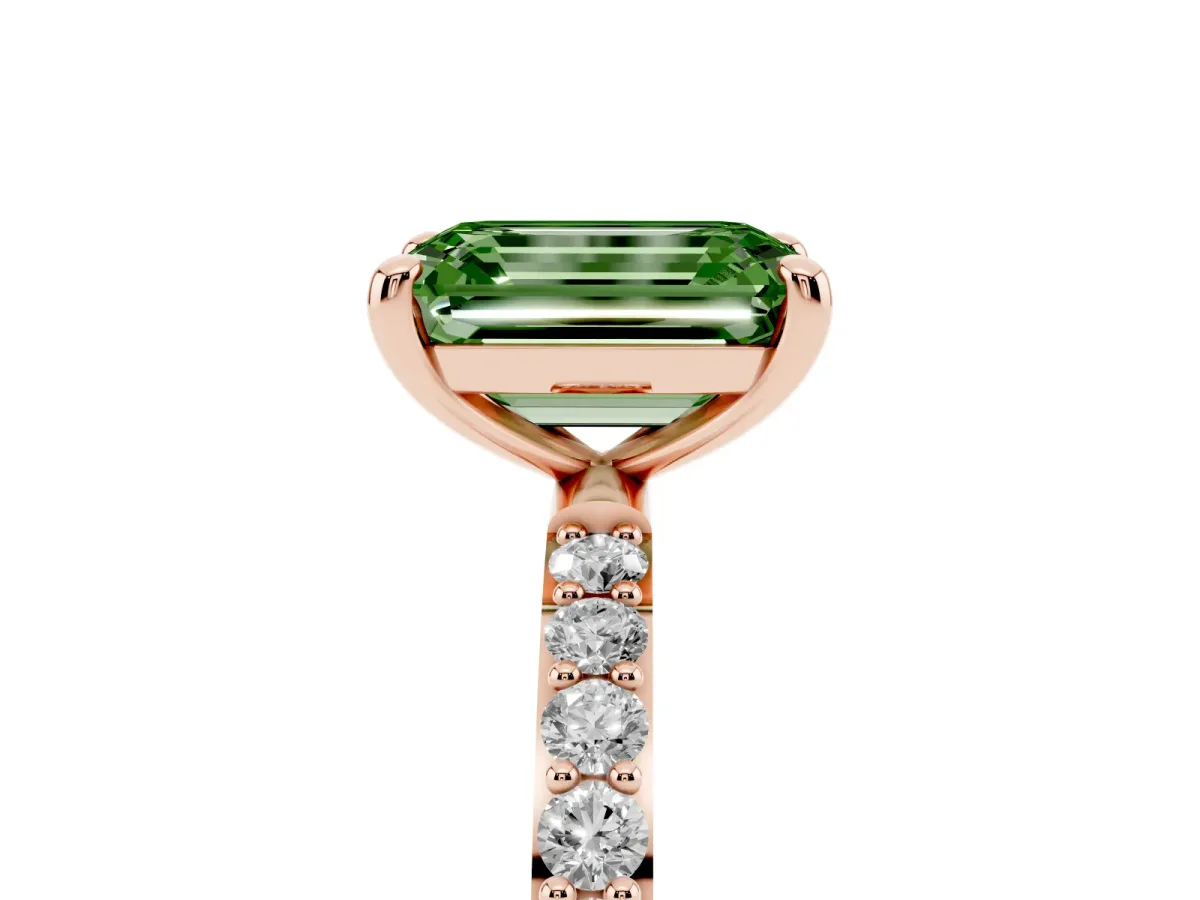 Fancy Green Emerald Cut Diamond Solitaire Ring with Round Pavé Band and Prong Setting Rose gold