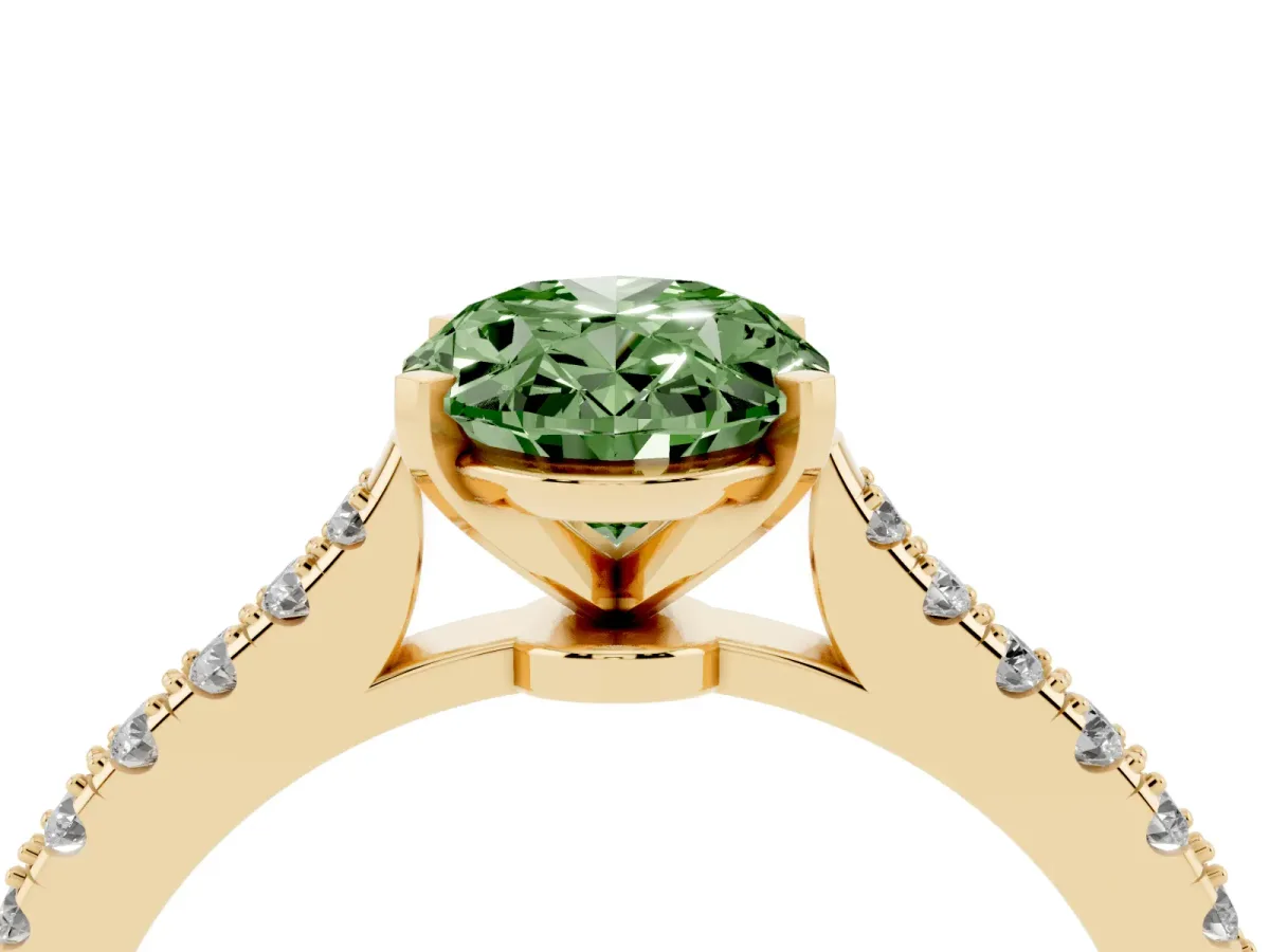 Fancy Green Oval Cut Cut Solitaire Diamond Engagement Ring with Pave Band and Four-Prong Setting Yellow gold