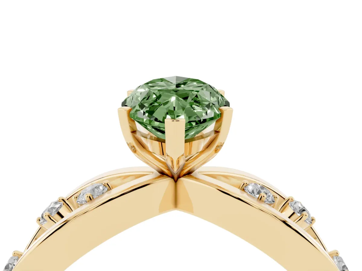 Fancy Green Marquise Cut Cut Solitaire Diamond with Side Stones on Criss-Cross Band and Four-Prong Setting Yellow gold