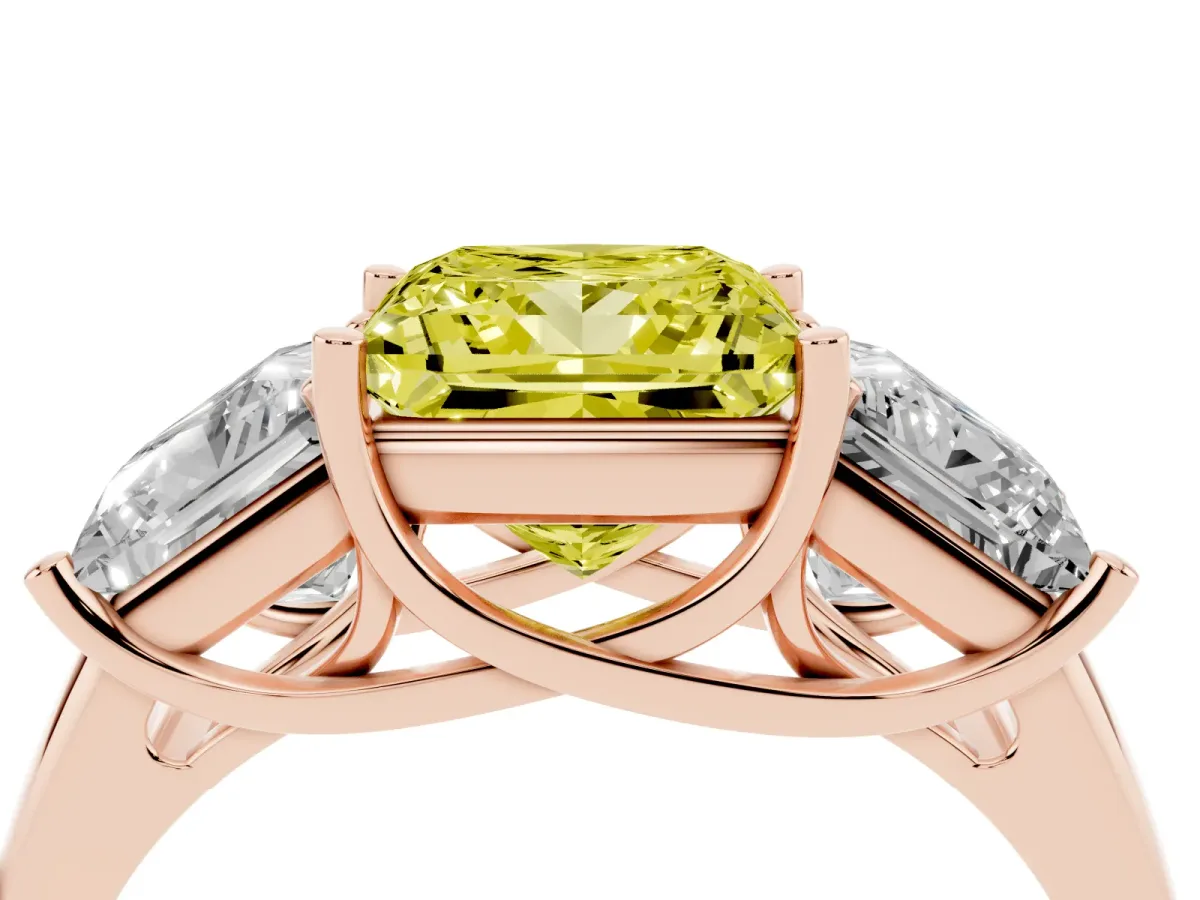 Fancy Yellow Three-Stone Princess Cut Diamond Engagement Ring with Prong Setting Rose gold