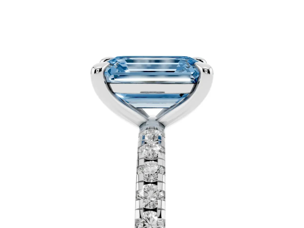 Fancy Blue Emerald Cut Diamond Brilliant Solitaire Ring with Pavé Band and Four-Prong Setting Silver