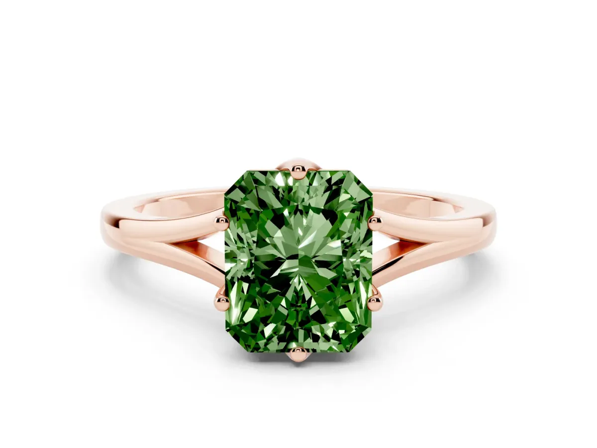 Fancy Green Radiant Cut Solitaire Diamond Ring with Six-Prong Setting and Tapered Band Rose gold