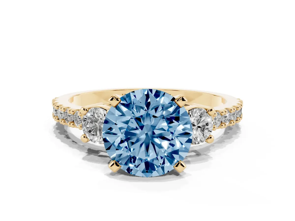 Fancy Blue Round Cut Three-Stone Diamond Pavé Band with Prong Setting Yellow gold