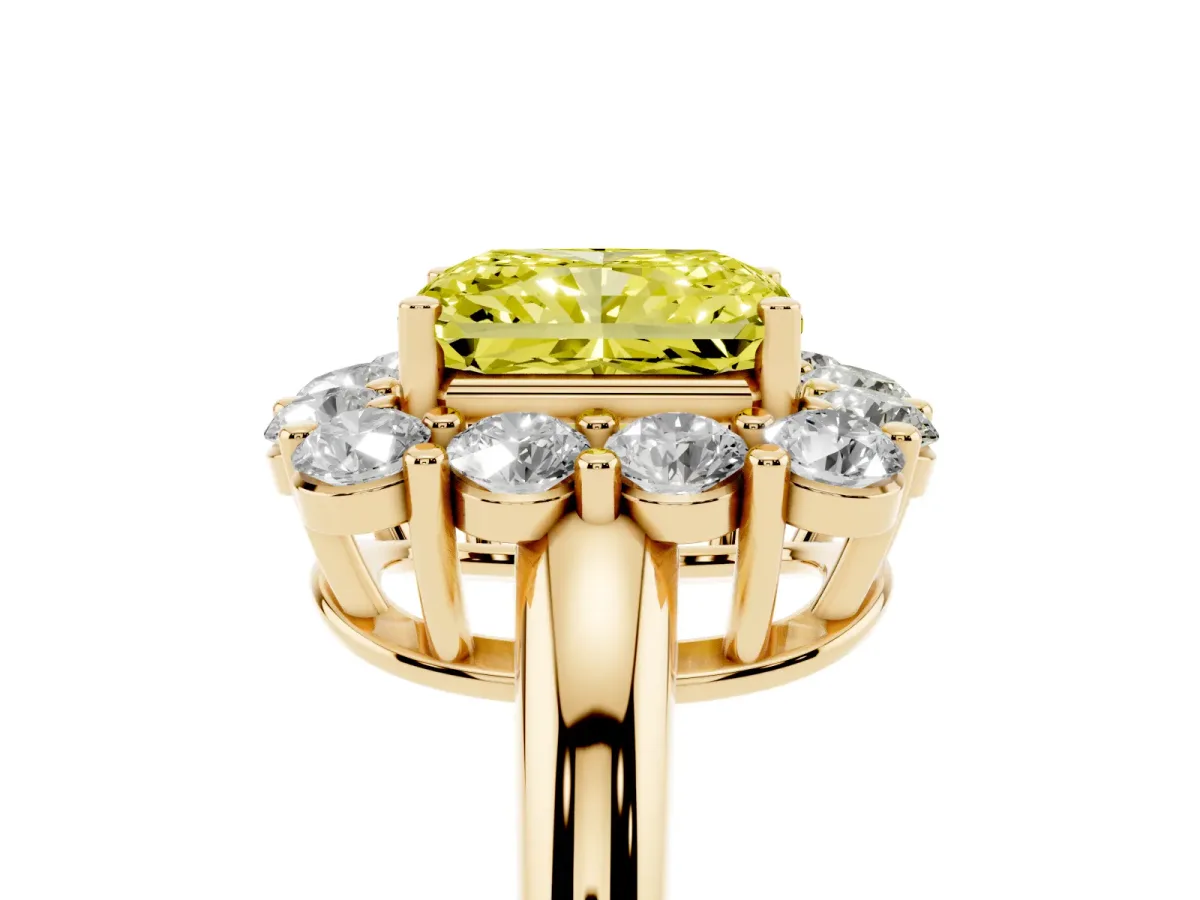 Fancy Yellow Radiant Cut Halo Cluster Diamond Engagement Ring with Prong Setting and Polished Band Yellow gold