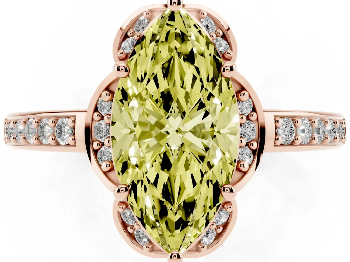 Fancy Yellow Marquise Cut Cut Halo Diamond Ring with Channel Set Band and Four-Prong Setting Rose gold