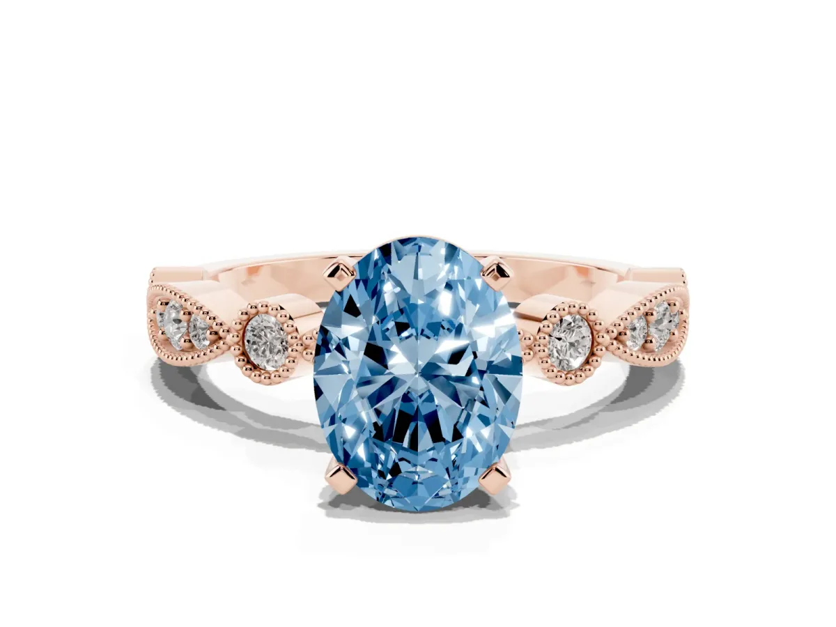 Fancy Blue Oval Cut Milgrain Bezel Diamond Engagement Ring with Solitaire Prong Setting Rose gold