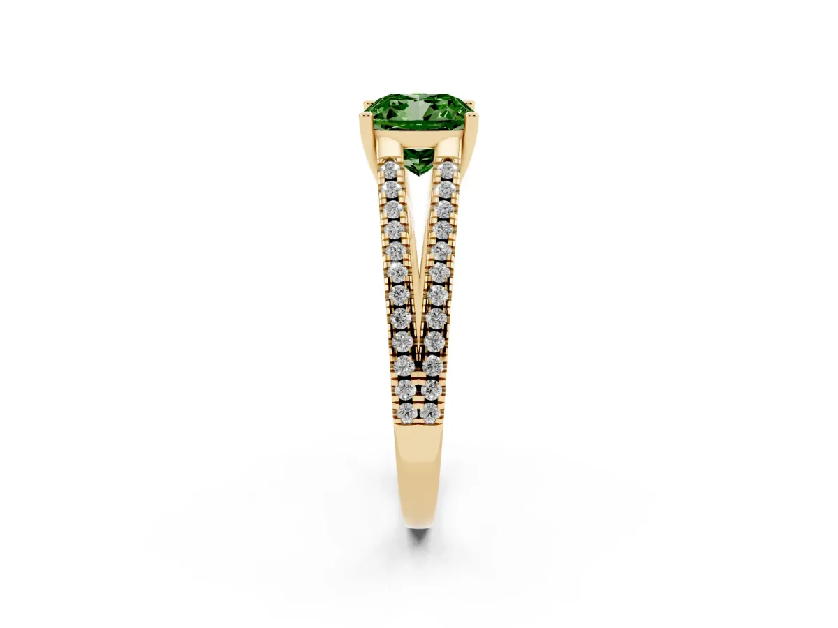Fancy Green Cushion Cut Diamond Solitaire Engagement Ring with Split Shank Pavé Band Yellow gold