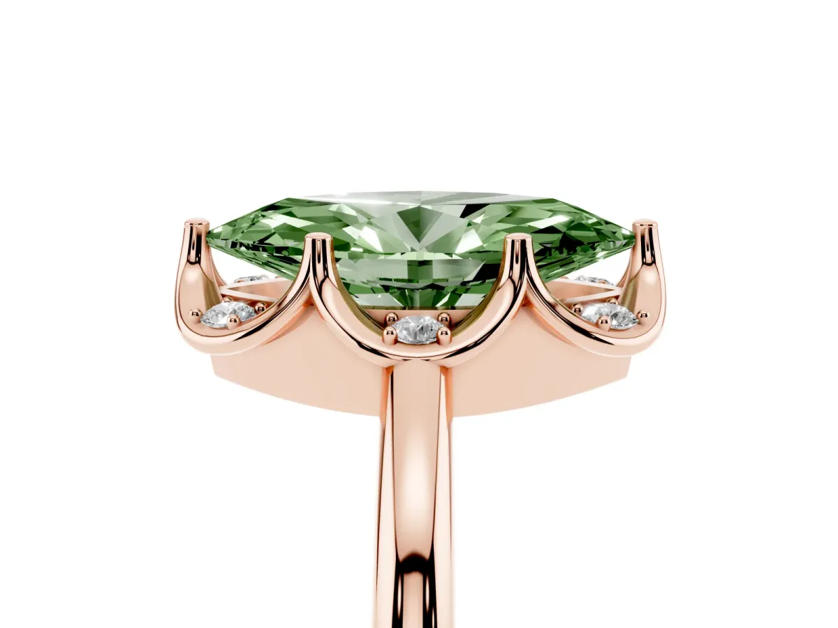 Fancy Green Marquise Cut Halo Diamond Ring with Round Cluster Setting, Solitaire Band, and Four-Prong Setting Rose gold