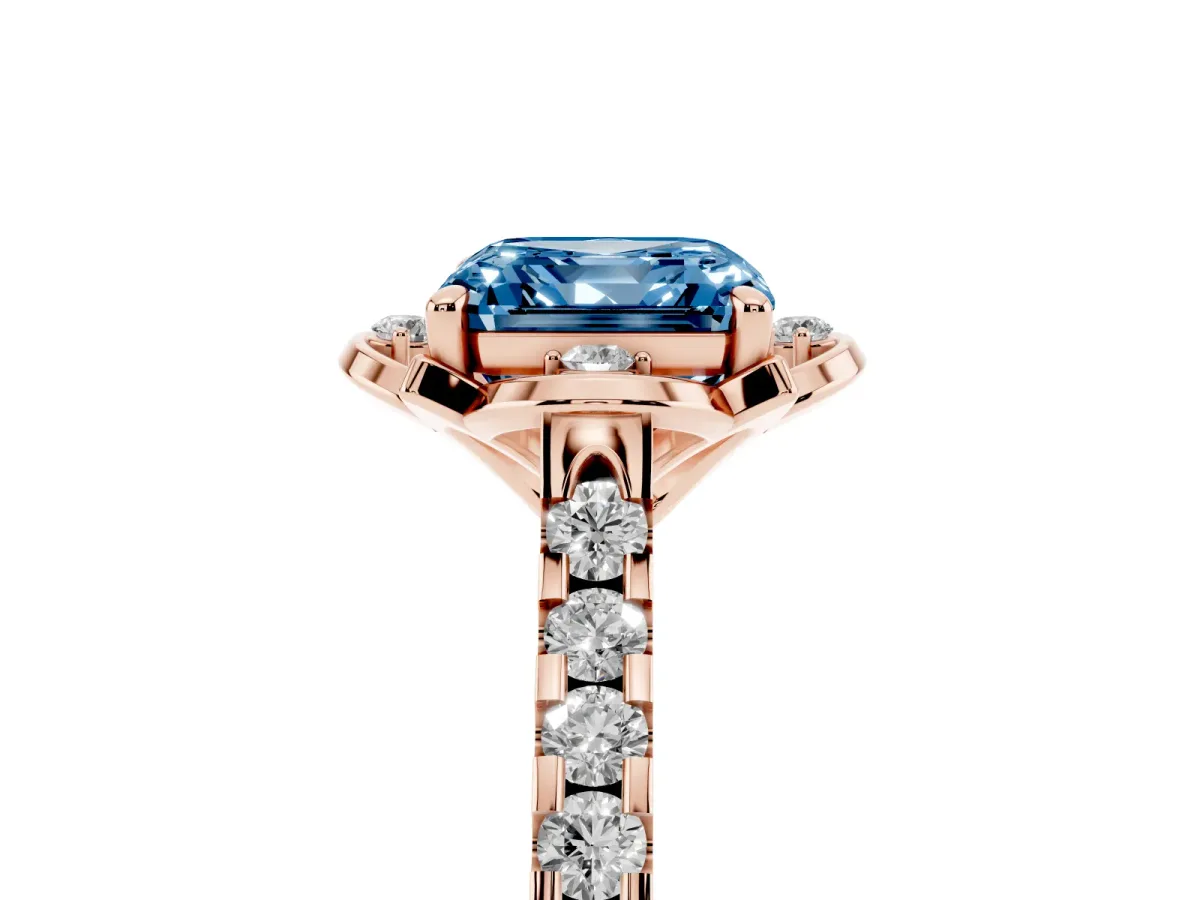 Fancy Blue Asscher Cut Diamond Ring with Pavé Band and Floral Prong Setting Rose gold