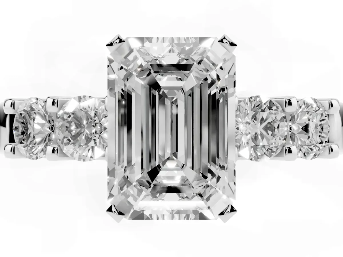 Emerald Cut Brilliant Cut Diamond Five-Stone Prong Set Engagement Ring with Channel Band Silver