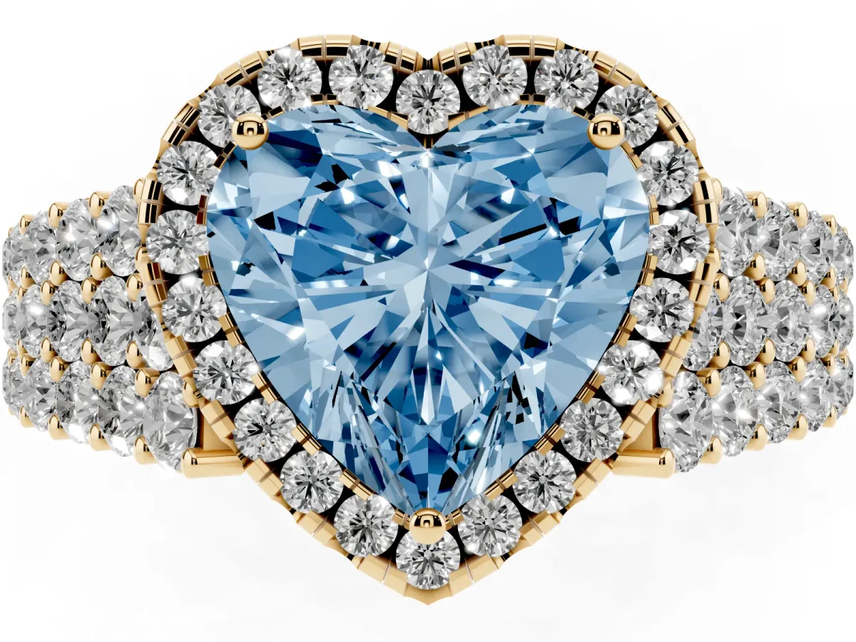 Fancy Blue Heart Cut Diamond Halo Engagement Ring with Triple Row Round Pavé Band and Prong Setting Yellow gold
