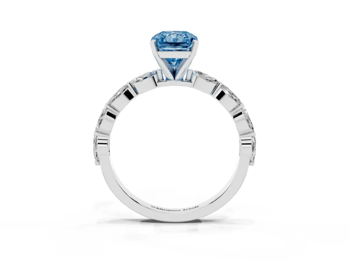 Fancy Blue Radiant Cut Diamond Ring with Marquise Side Stones and Prong Setting Platinum