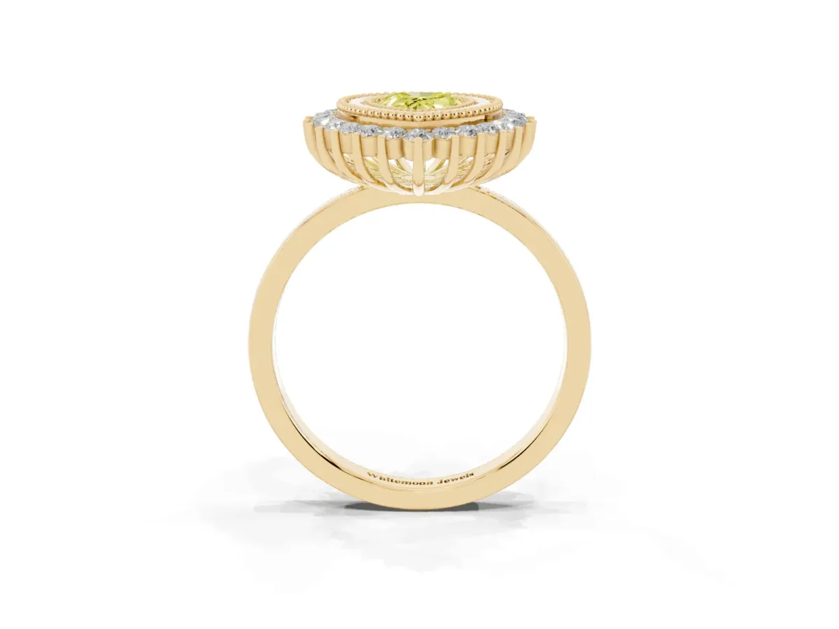 Fancy Yellow Pear Cut Halo Diamond Ring with Milgrain Edge and Round Prong Setting Yellow gold
