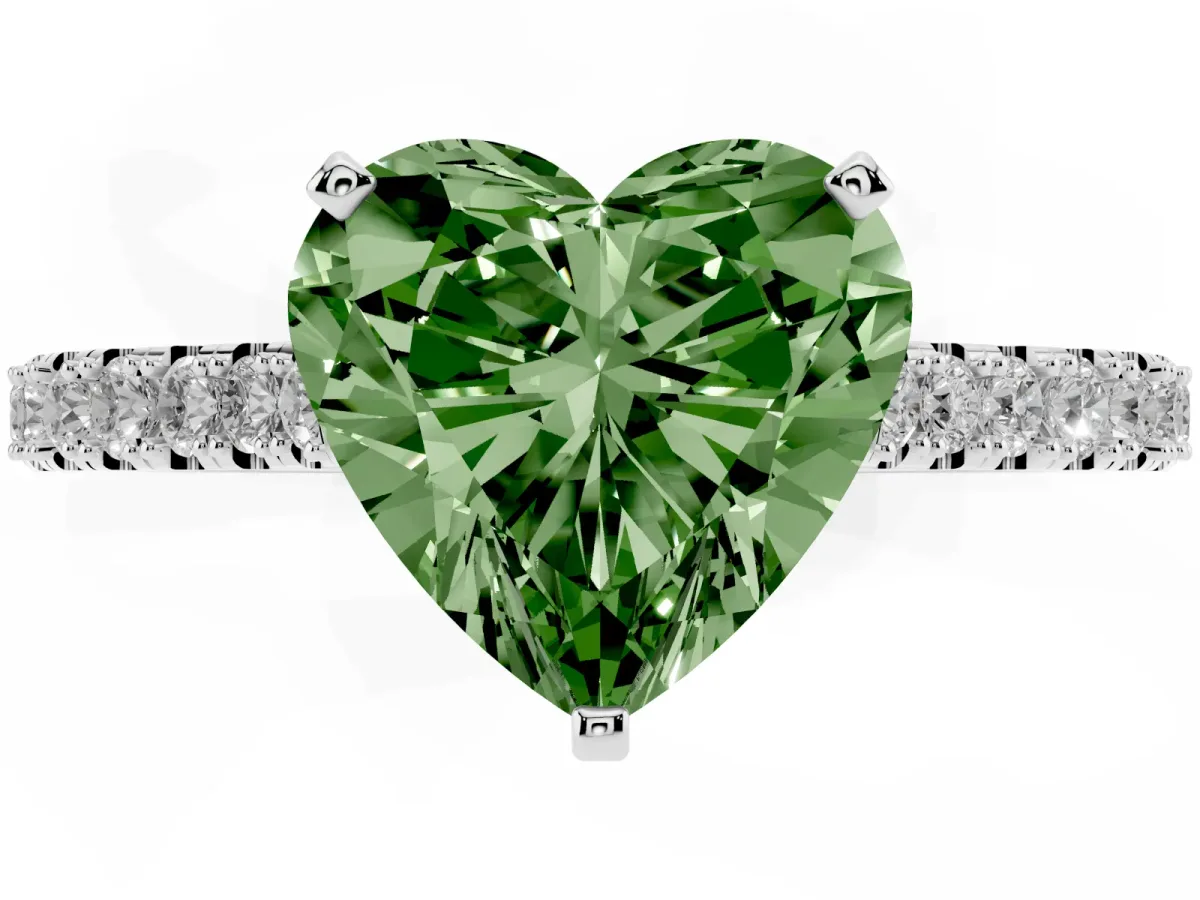 Fancy Green Heart Cut Cut Solitaire Diamond Engagement Ring with Pave Band and Four-Prong Setting Platinum