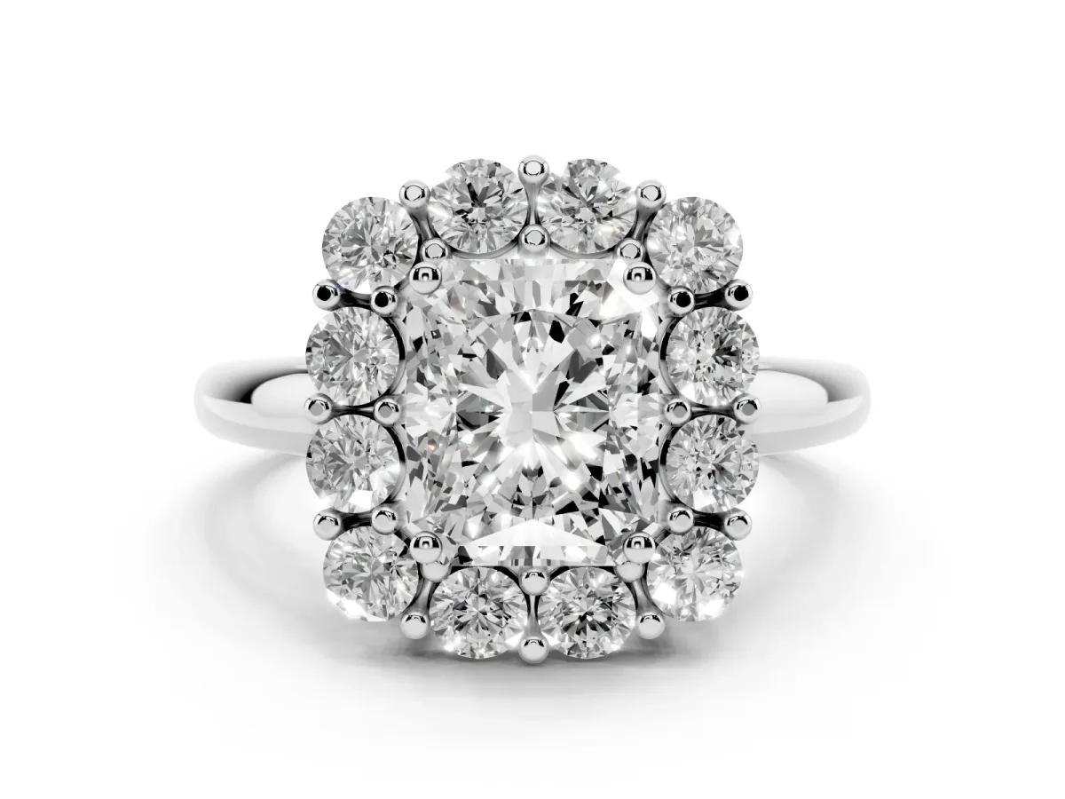 Radiant Cut Halo Cluster Diamond Engagement Ring with Prong Setting and Polished Band White gold