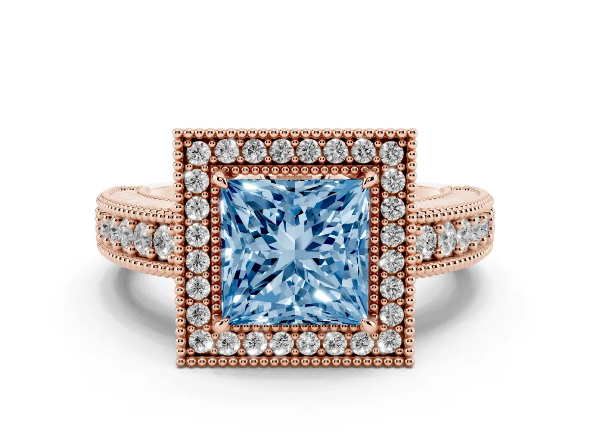 Fancy Blue Princess Cut Cut Halo Diamond Ring with Pavé Band and Four-Prong Setting Rose gold