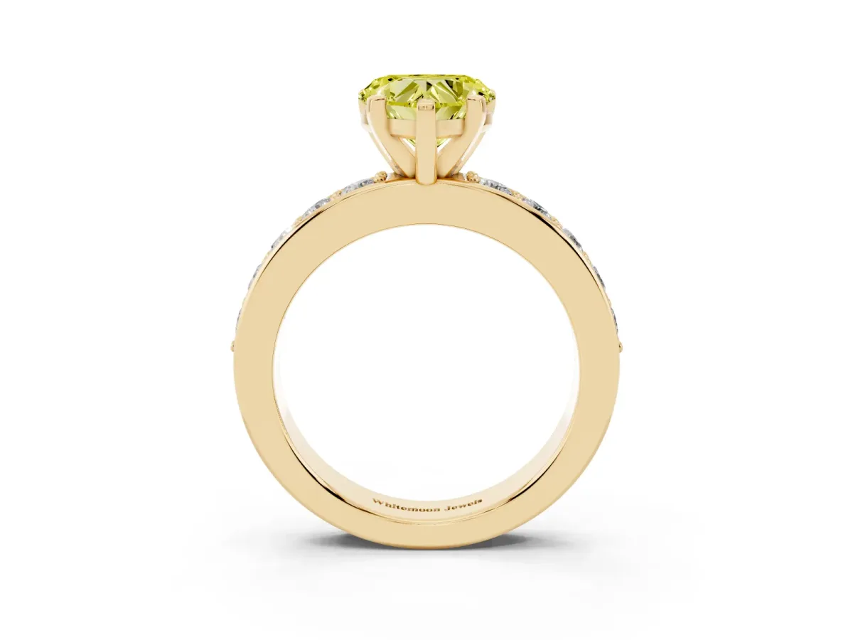 Fancy Yellow Heart Cut Diamond Engagement Ring with Channel Set Round Band and Prong Setting Yellow gold