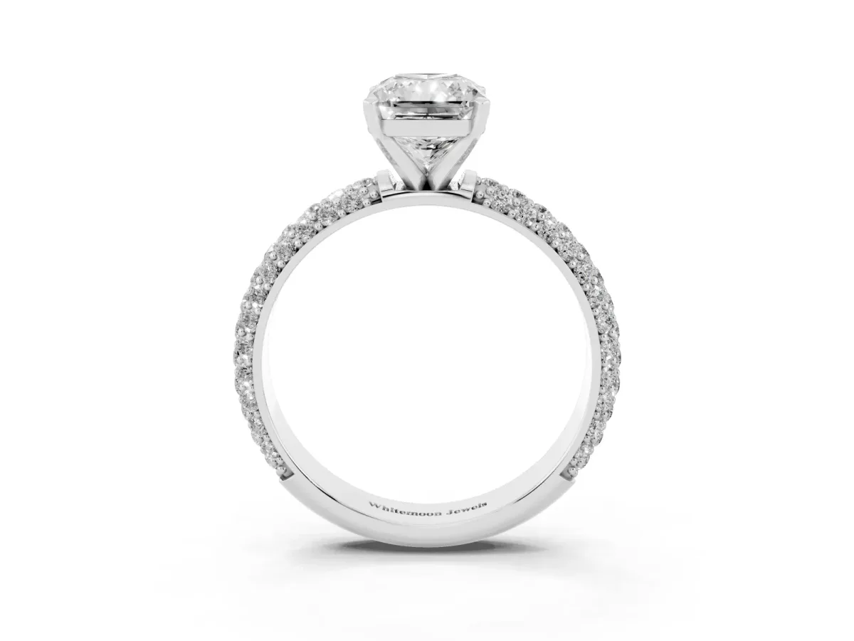 Radiant Cut Diamond Solitaire Ring with Prong Setting and Pavé Band Platinum