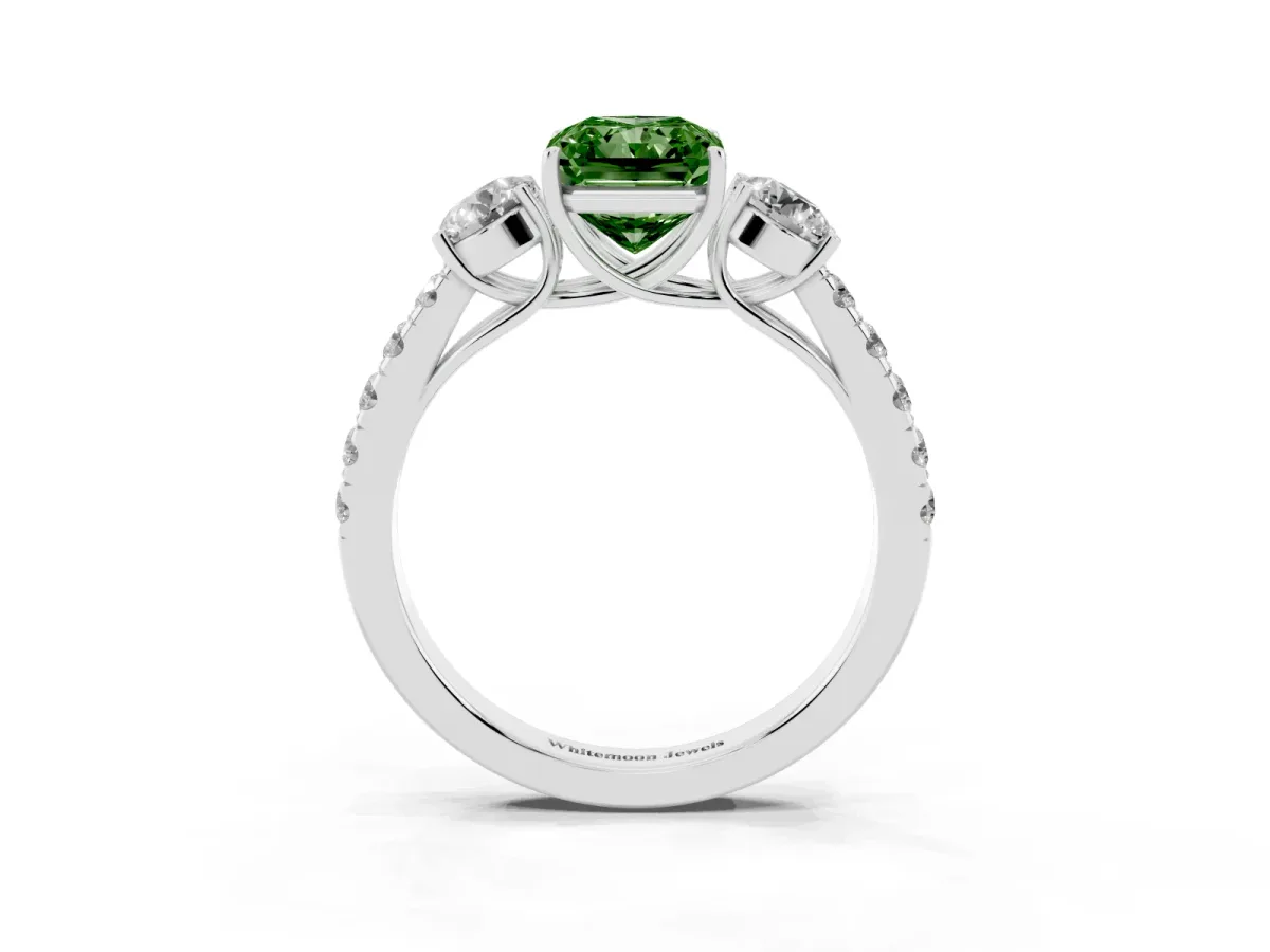 Fancy Green Radiant Cut Cut Diamond Three-Stone Ring with Round Side Stones and Pavé Band Silver