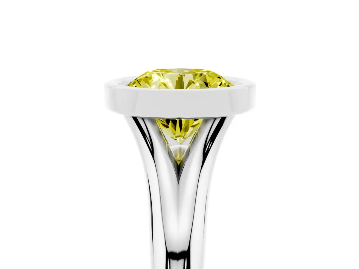 Fancy Yellow Bezel Set Round Cut Solitaire Diamond Ring with Smooth Band Platinum