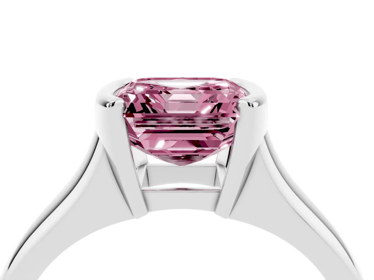 Fancy Pink Asscher Cut Solitaire Tension Set Diamond Ring with Split Shank Band Platinum