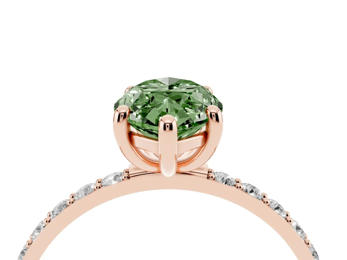 Fancy Green Marquise Cut Diamond Solitaire Ring with Round Pavé Band and Prong Setting Rose gold