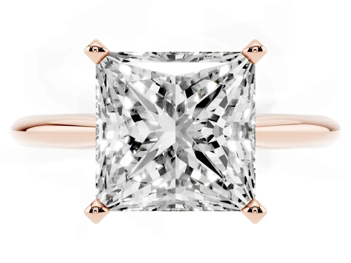Princess Cut Cut Solitaire Ring with Four-Prong Setting on a Classic Band Rose gold