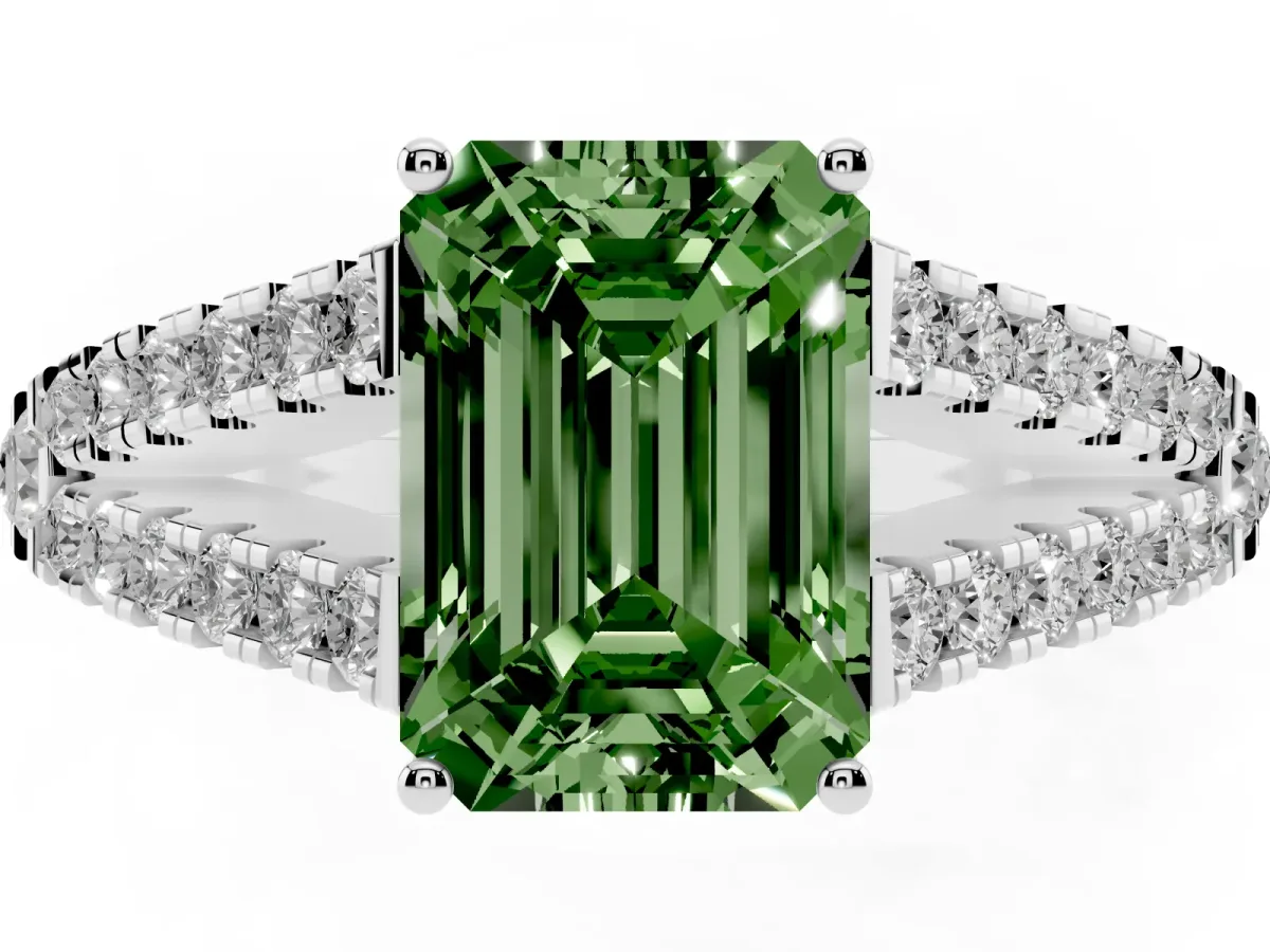 Fancy Green Emerald Cut Diamond Split Shank Engagement Ring with Round Pavé and Prong Setting Platinum
