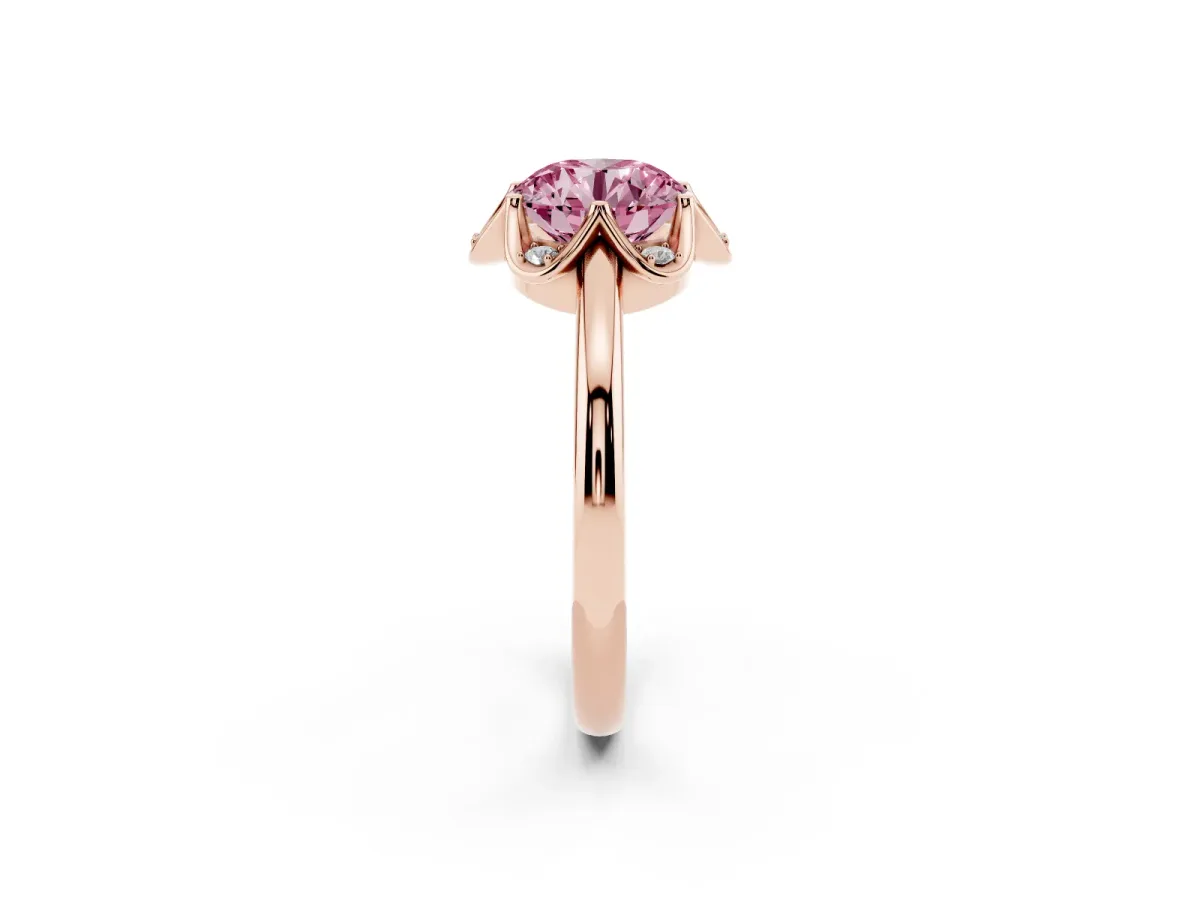 Fancy Pink Round Cut Halo Diamond Ring with Round Cluster Setting, Solitaire Band, and Four-Prong Setting Rose gold