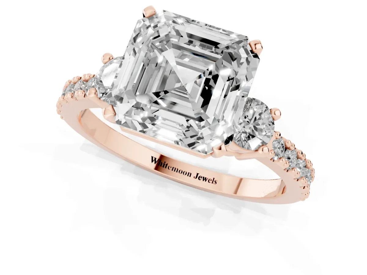 Asscher Cut Three-Stone Diamond Pavé Band with Prong Setting Rose gold