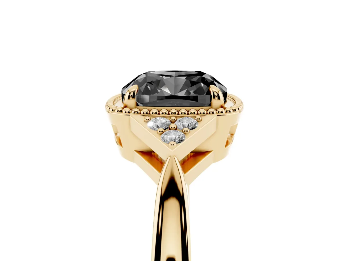 Fancy Black Hexagonal Halo Cushion Cut Diamond Solitaire with Pavé Band and Four-Prong Setting Yellow gold