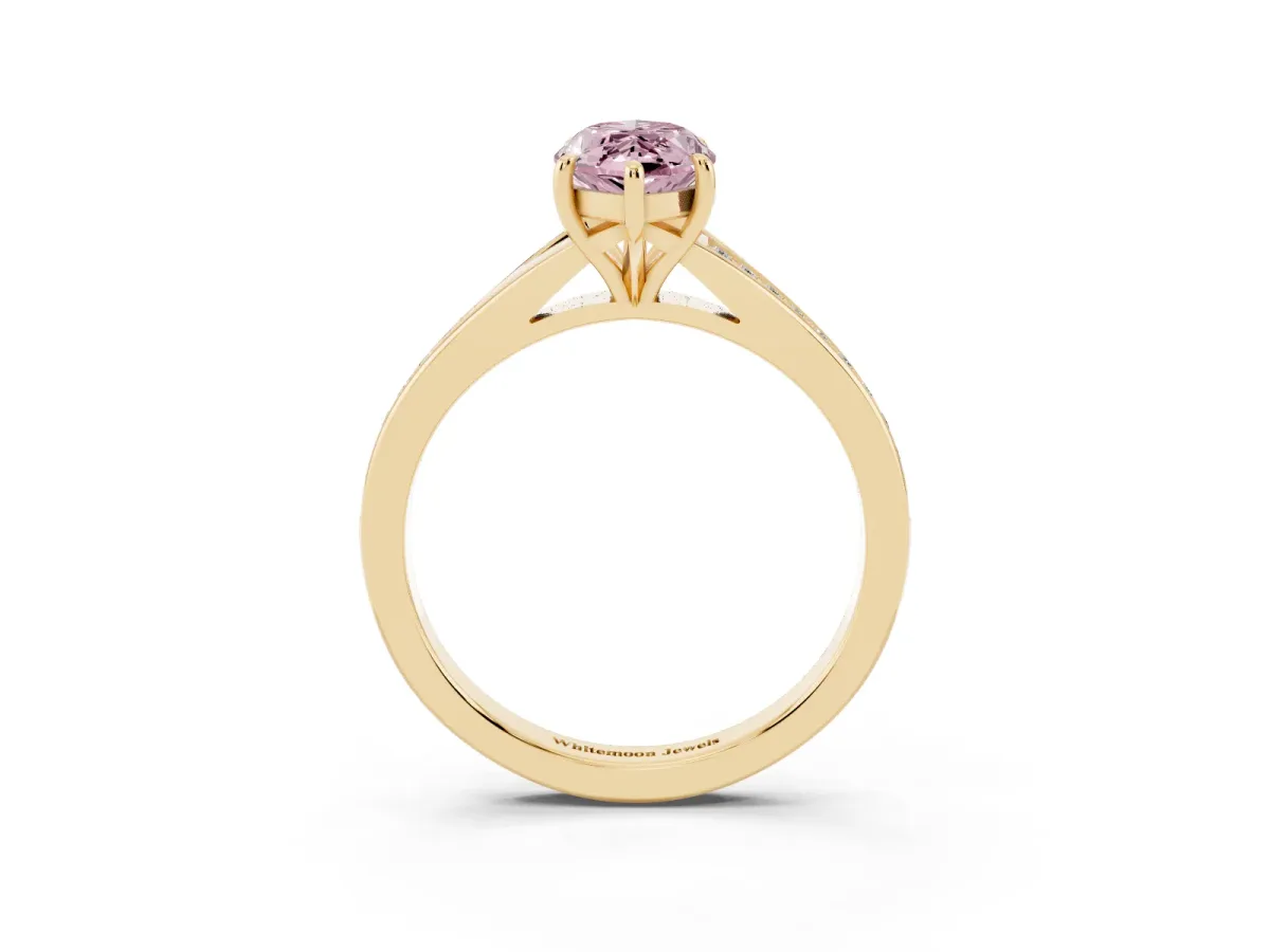 Fancy Pink Marquise Cut Diamond Solitaire Ring with Pavé Band and Prong Setting Yellow gold
