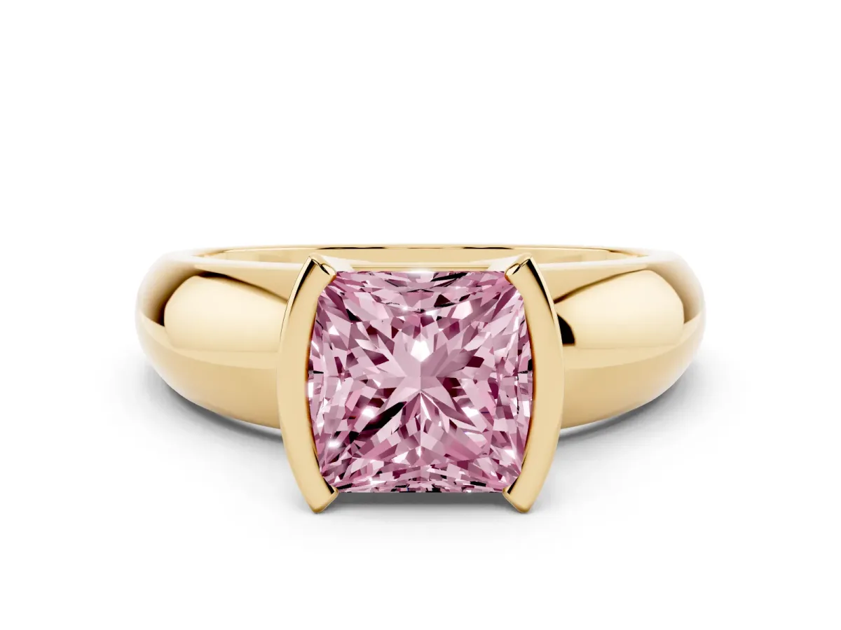 Fancy Pink Princess Cut Solitaire Tension Set Diamond Ring with Wide Band Yellow gold