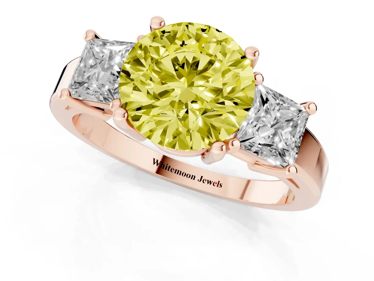 Fancy Yellow Three-Stone Round Cut Cut Solitaire Ring with Prong Setting Rose gold