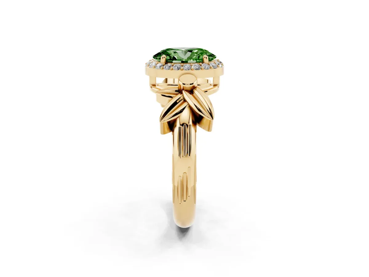 Fancy Green Oval Cut Halo Diamond Floral Band with Four-Prong Setting Yellow gold