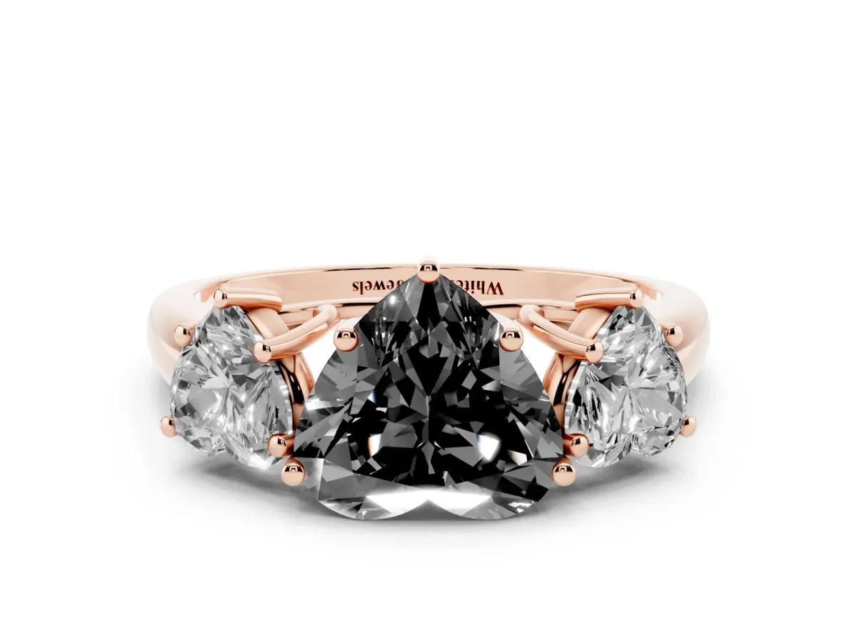Fancy Black Three-Stone Heart Cut Diamond Engagement Ring with Prong Setting Rose gold