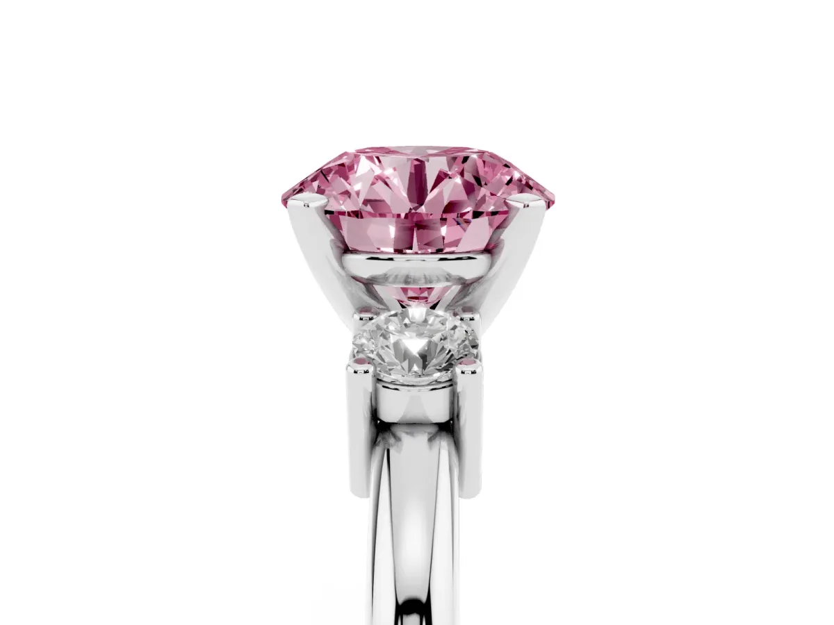 Fancy Pink Three-Stone Round Cut Cut Diamond Solitaire with Prong Setting and Classic Band Silver