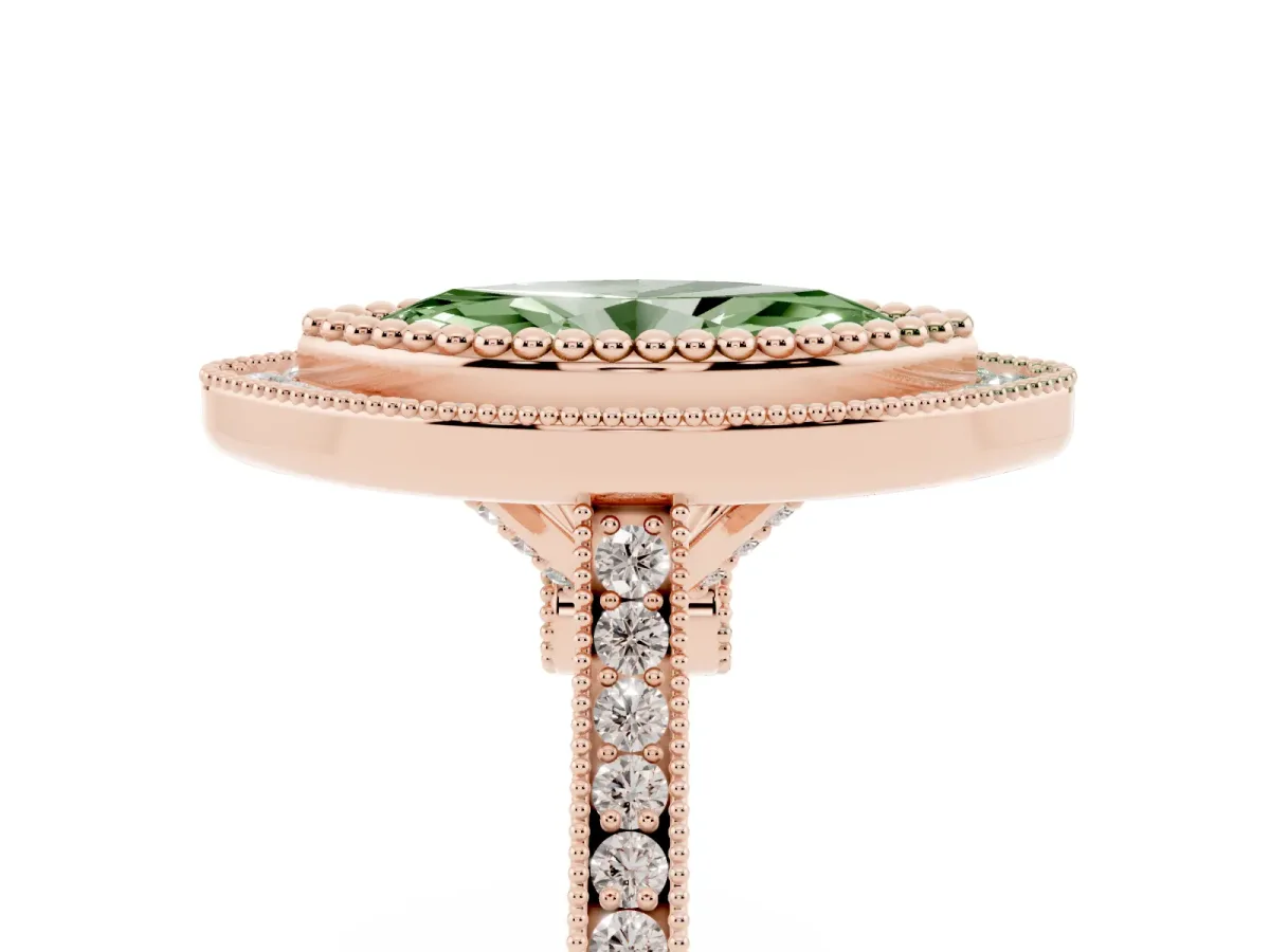 Fancy Green Marquise Cut Diamond Halo Ring with Milgrain Frame and Pavé Band Rose gold