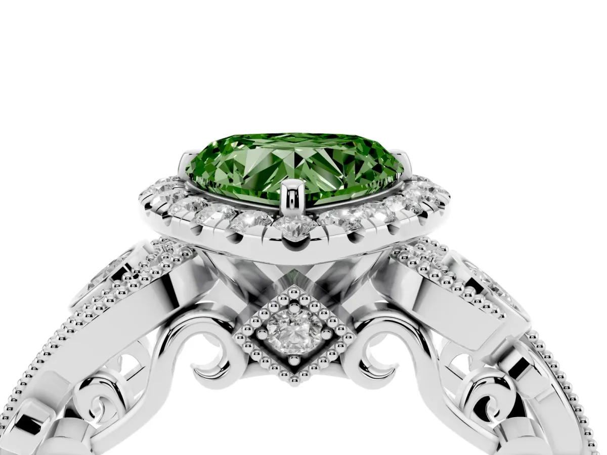 Fancy Green Heart Cut Halo Diamond Ring with Milgrain and Bezel Accents on a Split Shank Band White gold