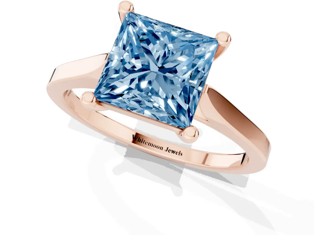 Fancy Blue Princess Cut Solitaire Diamond Ring with Four-Prong Setting and Tapered Band Rose gold