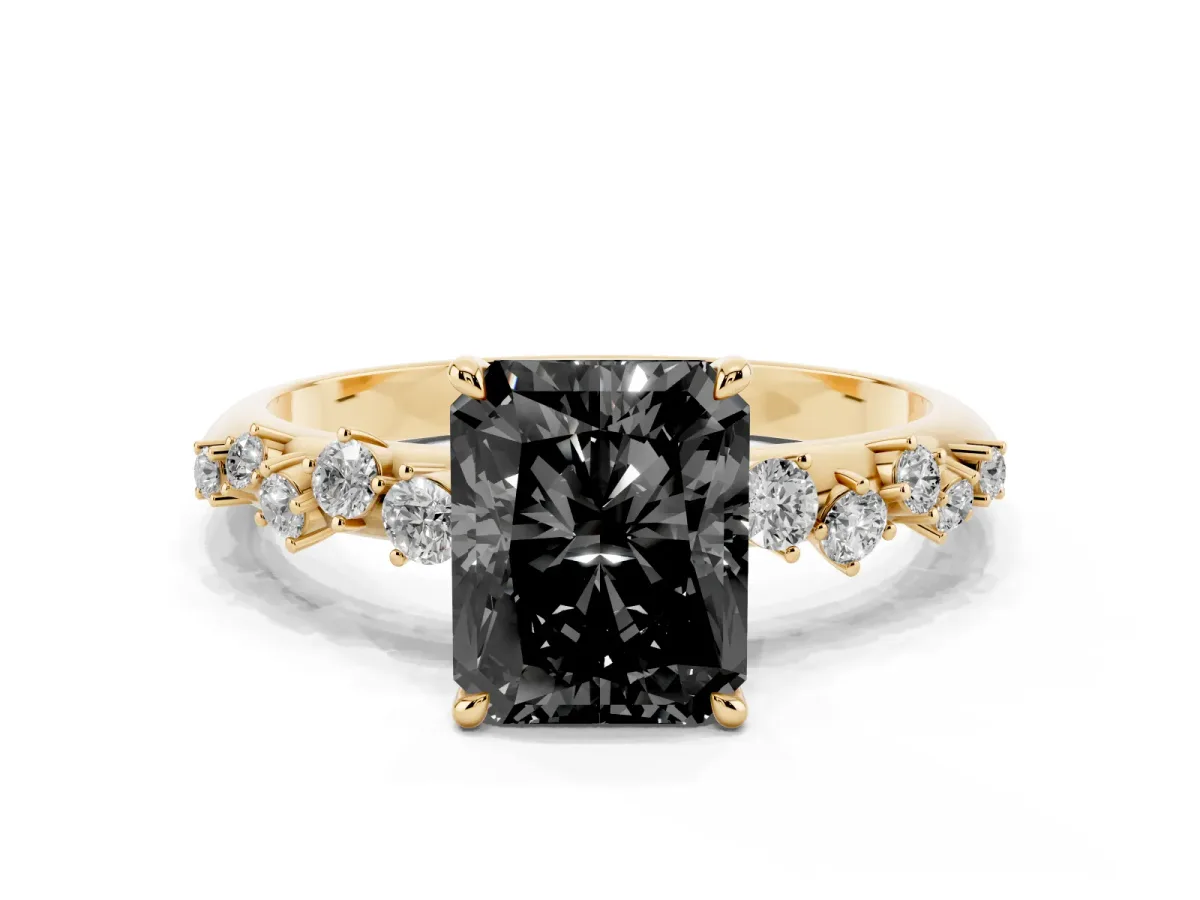 Fancy Black Radiant Cut Diamond Cluster Side Stone Solitaire Ring with Prong Setting Yellow gold