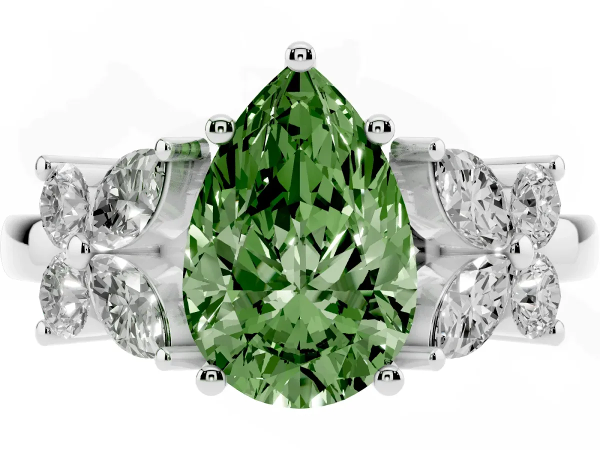 Fancy Green Pear Cut Diamond Floral Cluster Ring with Solitaire Band and Prong Setting Silver
